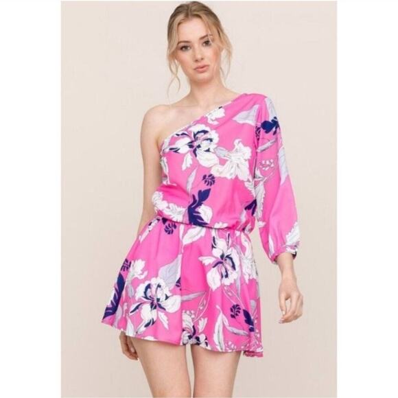 Anthropologie Yumi Kim NEW Pink Eastern Garden Floral One Shoulder Mini Dress L - Picture 2 of 14